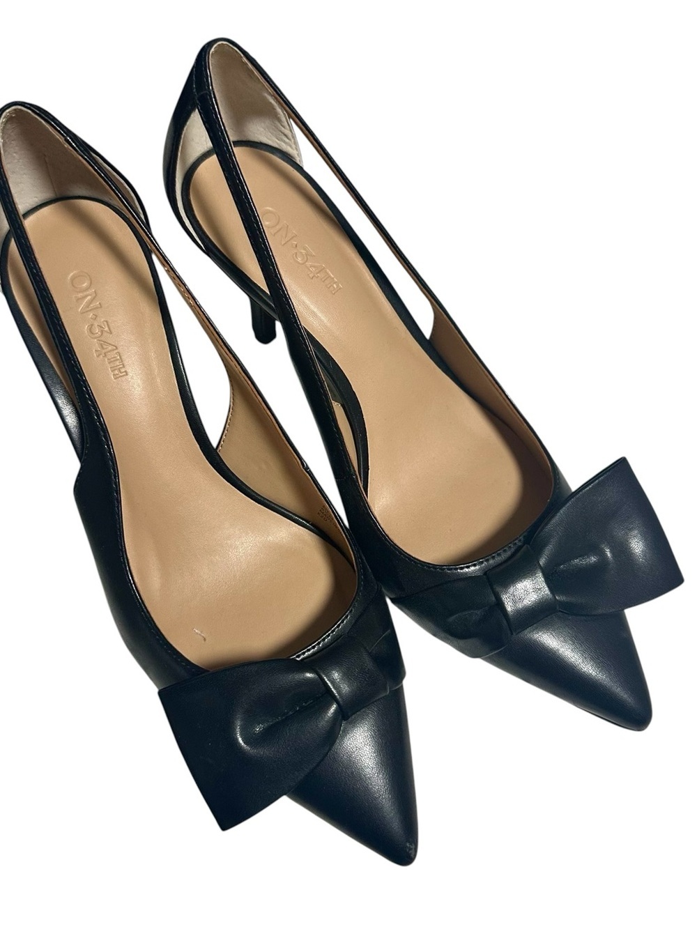 ON 34TH Women’s Black Leather Stiletto Slip-On Pointed Toe Bow Pumps